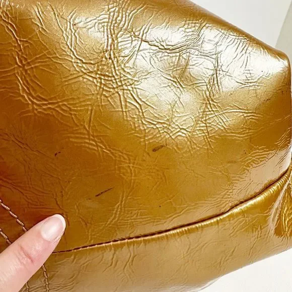 LOEWE Aire Bronze Gold Metallic Patent Leather Bag Medium Top Handle Crinkled - Picture 12 of 15